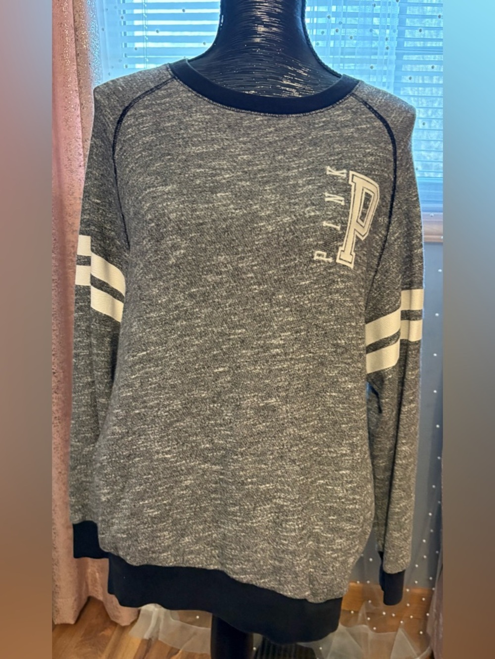 PINK Victoria's Secret Heather Gray Crewneck Sweatshirt with Cream Stripes